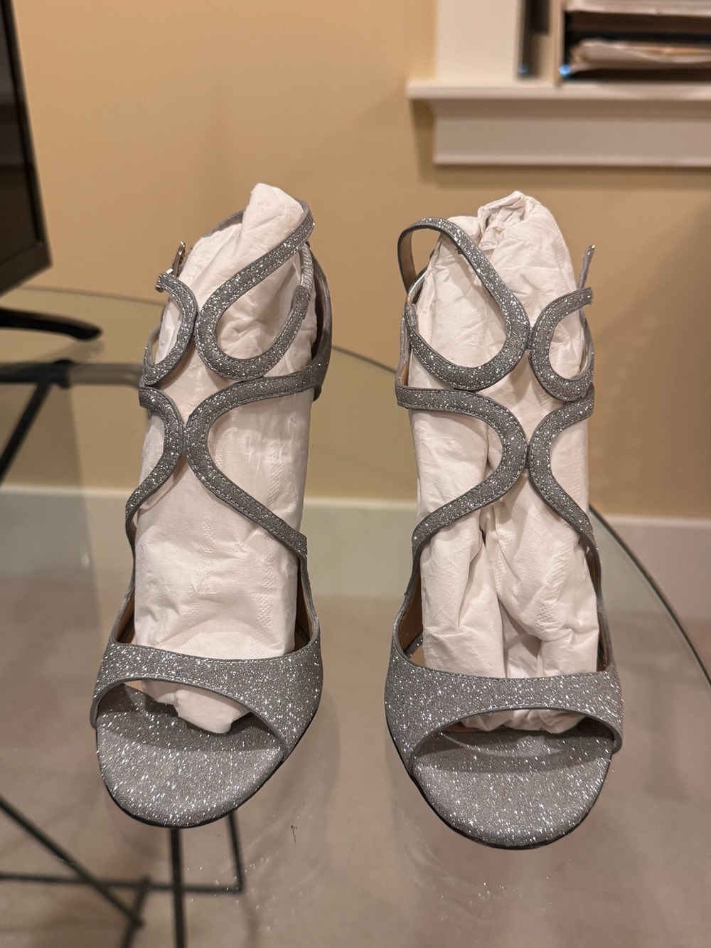 Jimmy Choo Silver Glitter Strappy High Heel stilettos 38 / 7.5-8